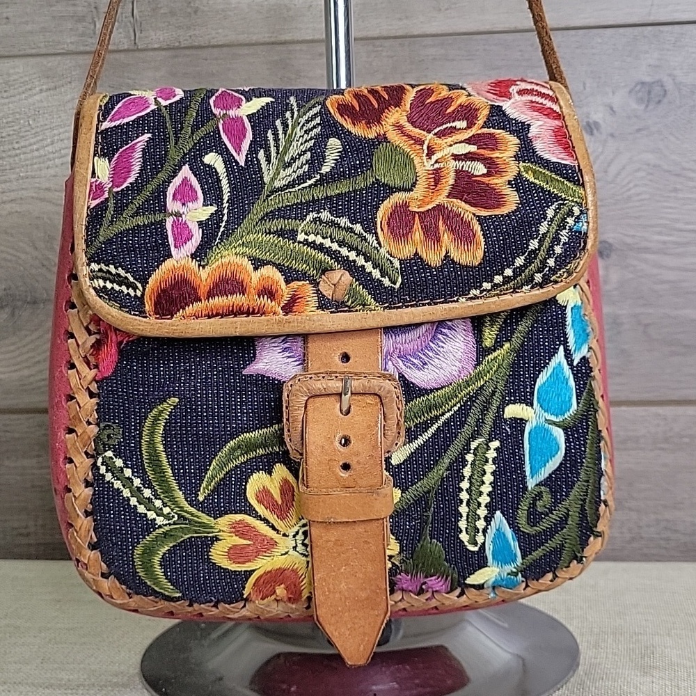 Handmaid Embroidered Canvas Leather Crossbody Shoulder Bag - Picture 2 of 10